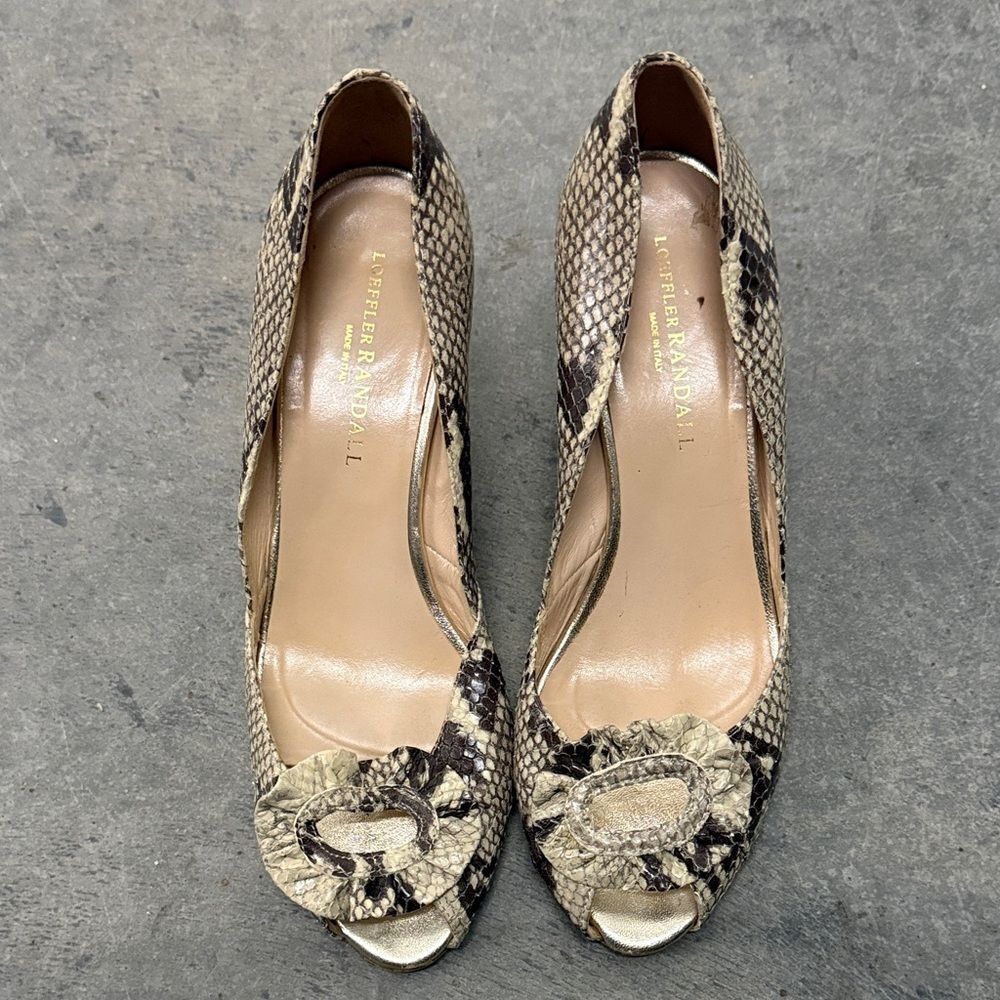 Loeffler Randall Snakeskin Peep-Toe Heels - Cream and Black